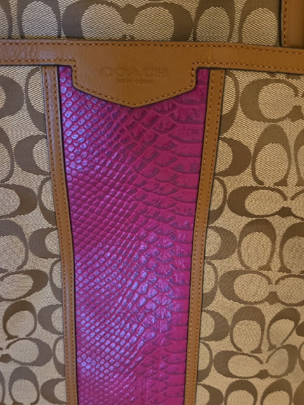 Coach Tan Signature Canvas Tote with Pink Center Panel - Picture 2 of 8